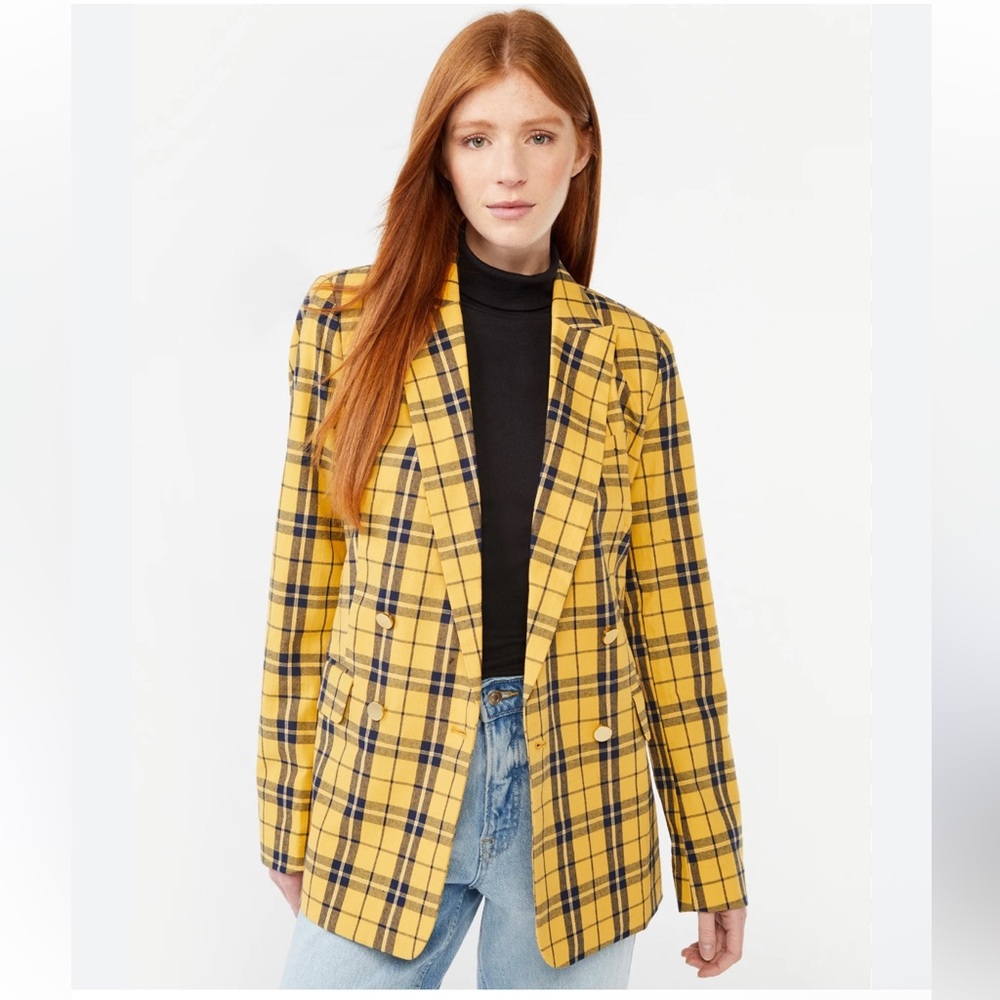 Yellow Plaid Tailored Double-Breasted Blazer